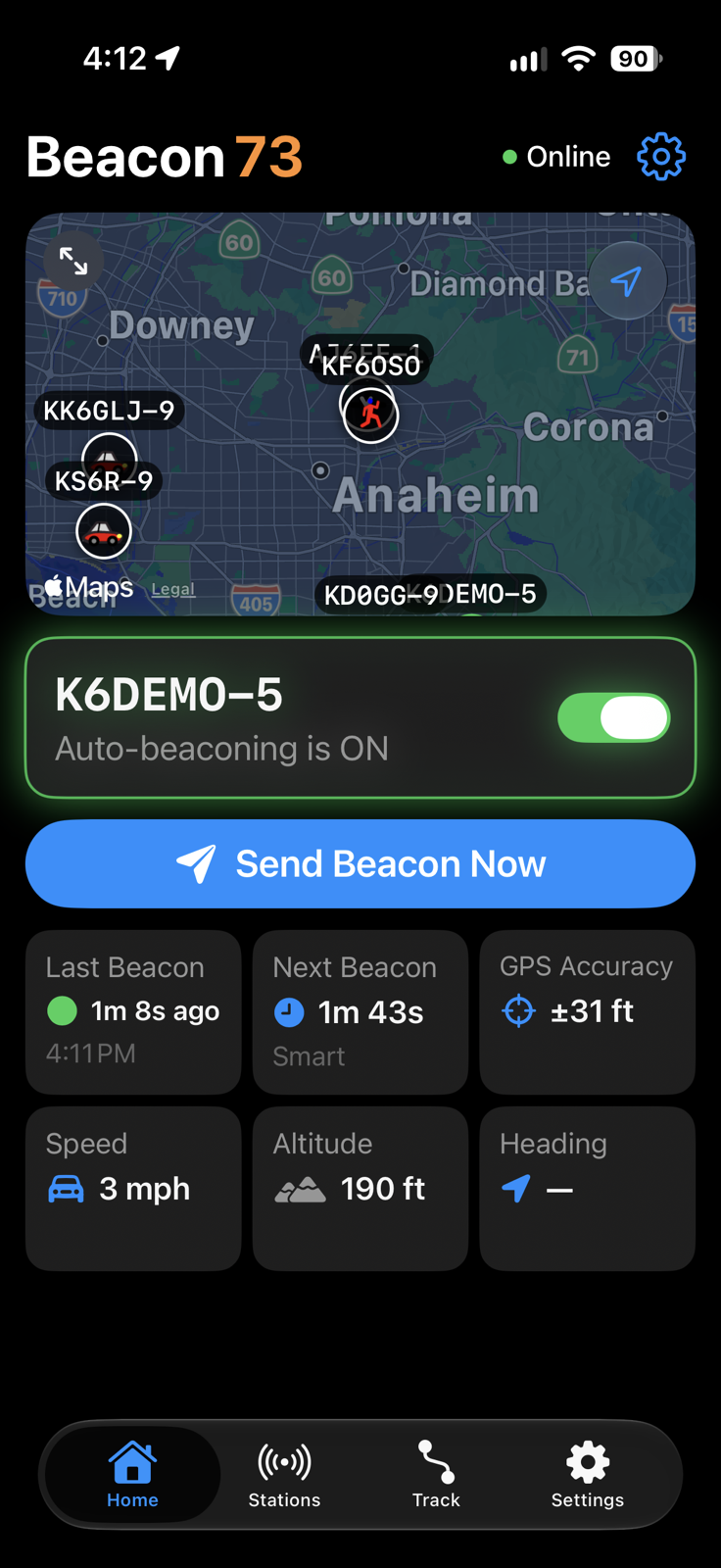 Beacon 73 online with auto-beaconing enabled, a next-beacon timer, and a Send Beacon Now control